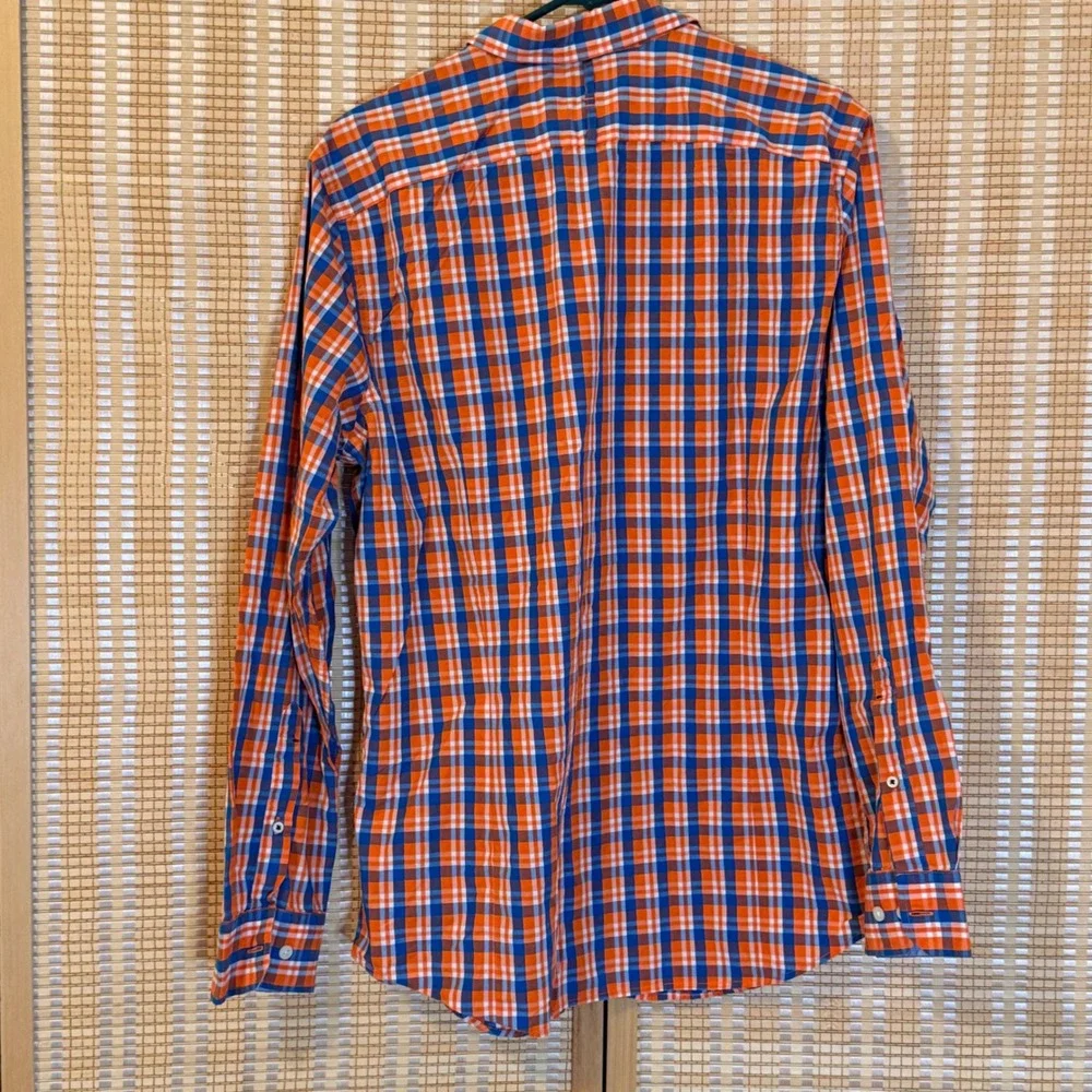Banana Republic Mens Soft Wash Tailored Slim Fit Plaid Shirt Orange Blue L